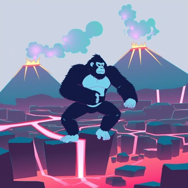 A large, muscular ape with dark fur, resembling Donkey Kong, is skillfully navigating a rugged landscape filled with molten lava rivers and active volcanoes. The ground is cracked and glowing red from the heat, with billowing smoke rising from the craters of imposing volcanoes in the background. The ape is climbing over jagged rocks and leaping from one boulder to another, showcasing agility and strength. Bright orange and yellow flames erupt from the lava, while the sky above is a smoky gray, creating a dramatic atmosphere.