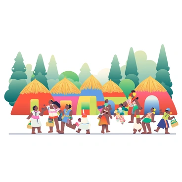 A vibrant tribal village is depicted with colorful huts arranged in a circular formation. The huts are painted in bright colors such as red, yellow, green, and blue, with thatched roofs made of straw. In the foreground, several village members are interacting; they are wearing traditional attire adorned with intricate patterns and beadwork. Some individuals are carrying baskets filled with fruits and vegetables. A group of children is playing nearby, laughing and running around. In the background, lush greenery and tall trees frame the village, adding to the lively atmosphere.