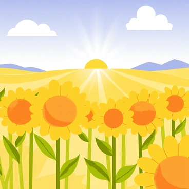 A vast field filled with bright yellow sunflowers, their large, round faces turned towards the sun. The sunflowers stand tall, their green leaves spreading out around them. A clear blue sky spans above, with a few fluffy white clouds drifting lazily. The sun casts a warm glow over the scene, illuminating the vibrant colors of the flowers and the surrounding landscape.