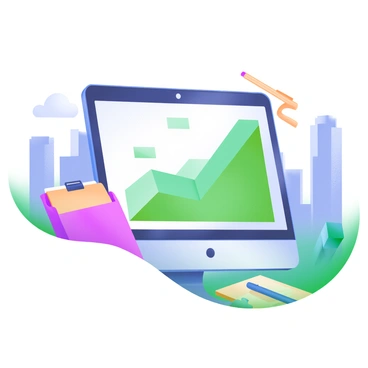 A computer screen prominently displays a chart illustrating financial growth, featuring an upward-trending line in green against a light background. The screen is surrounded by office supplies, such as a notepad and a pen. In the background, a city skyline is visible, with sleek, modern buildings and a clear blue sky. The scene conveys a sense of professionalism and ambition.