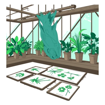 A teal bat is hanging upside down from a wooden beam in a Victorian greenhouse. The greenhouse is filled with various plants in ornate pots, showcasing lush green leaves. In front of the bat, there is a large table covered with multiple botanical illustrations, some framed and some unframed, displaying intricate details of various plant species. The light filtering through the glass panels of the greenhouse creates soft shadows on the floor, and the bat appears to be peering closely at one of the illustrations on the table, its wings partially spread.