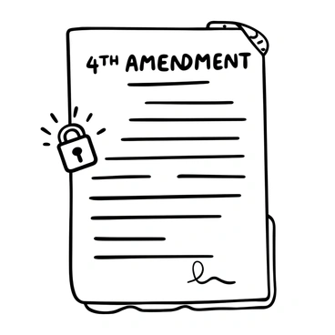 A document titled "4th Amendment" is placed prominently in the center. The document has a detailed border design around it. An overlay of a lock icon is positioned in the top left corner of the document, featuring a classic padlock shape. There are lines indicating text on the document, giving the impression of written legal content. 