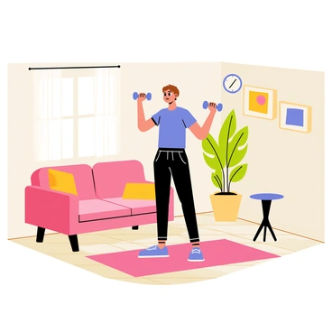 A cozy living room filled with warm lighting and soft furniture, including a plush sofa and a small coffee table. In the center of the room, a person with short brown hair, wearing a blue workout shirt and black leggings, is performing shoulder presses with a pair of dumbbells. The person stands on a bright yoga mat that adds a splash of color to the wooden floor. A large indoor plant with broad green leaves is placed in the corner, adding a touch of nature to the scene. A wall clock and a few framed pictures hang on the walls, creating a homely atmosphere.
