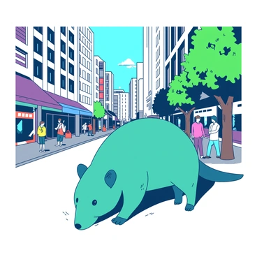 A teal curious wombat is walking along the busy streets of a city filled with tall buildings. The wombat has its nose close to the ground, sniffing at various scents while people pass by, some looking down at the furry creature with surprise. There are colorful storefronts lining the street, with bright signs and displays visible in the background. A few trees with green leaves are planted along the sidewalk, providing a contrast to the urban setting. The sky is clear and blue, creating a vibrant atmosphere for the scene.