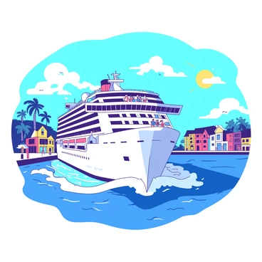 A large white cruise ship is leaving a sunny harbor, creating gentle waves in the blue water. The ship has multiple decks filled with excited passengers, some waving and others taking photos. The harbor is lined with colorful buildings and palm trees, reflecting a vibrant atmosphere. The sky is bright blue with a few fluffy white clouds, enhancing the cheerful scene. The sun shines down, casting shadows on the deck where passengers are enjoying the view.