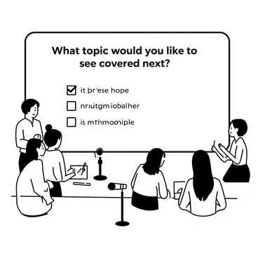 A large screen displays a poll question in bold text. The question reads, "What topic would you like to see covered next?" Below the question, there are multiple-choice options listed clearly. A diverse group of people can be seen in the foreground, each looking towards the screen with interest. Some are taking notes while others are engaged in discussion. A microphone is positioned on a table nearby, and a few laptops are open in front of the participants. The atmosphere conveys focus and engagement as everyone interacts with the poll.