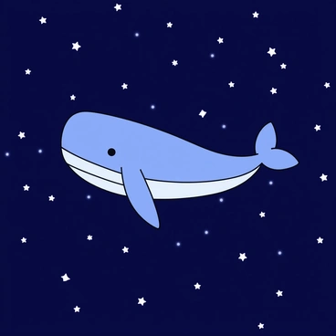 A large whale swimming in an expansive space filled with stars. The whale has a smooth, flowing body with a gradient of blue and grey colors. Surrounding the whale are numerous small white stars twinkling in the dark background. The scene gives a sense of vastness and tranquility, highlighting the whale's gentle movement through the cosmos.