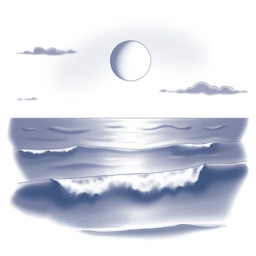 A vast expanse of ocean water reflecting the light of a "bright full moon" above. The moon casts a silvery glow across the surface of the water, creating a shimmering effect. Gentle waves can be seen rolling in, with the moonlight dancing across their crests. The sky is clear and dotted with a few wispy clouds, enhancing the visibility of the moon. The scene is tranquil, drawing attention to the interplay between the "ocean" and the moonlit sky.