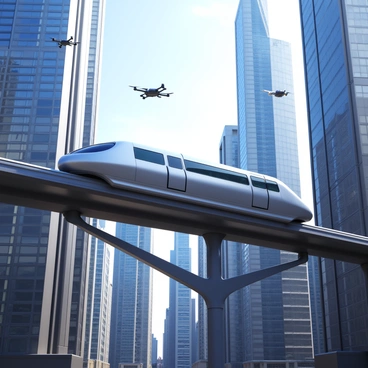 A sleek monorail train designed for cargo transport, featuring a streamlined body and metallic surface. The train moves along a suspended track above a bustling futuristic cityscape. The city is filled with tall, glass skyscrapers reflecting sunlight, and advanced technology is visible in the architecture. Surrounding the monorail, there are drones and other vehicles navigating the airspace. The scene captures a vibrant atmosphere, showcasing the integration of transportation and modern urban life.