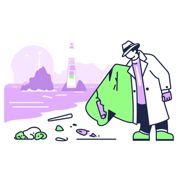 A detective is walking along a misty, secluded beach, searching for clues. He is wearing a trench coat and a fedora, with a flashlight in his right hand. The detective is crouched down, examining a footprint in the sand, while his left hand is resting on his knee. In the background, there are several large rocks partially covered by waves and mist. A distant silhouette of a lighthouse is barely visible through the fog. Scattered along the shore are pieces of driftwood and seashells, adding details to the scene.