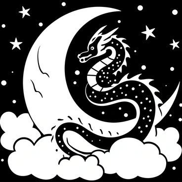 A "majestic dragon" is curled around a "crescent moon," its body elegantly arched. The dragon's "shimmering scales" are depicted with intricate patterns, reflecting light in a striking way. The moon serves as a backdrop, enhancing the dragon's imposing presence. The scene is filled with swirling clouds that add depth to the composition. Stars are scattered throughout the background, contributing to the nighttime atmosphere.