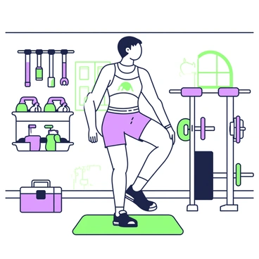 A person is standing on the balls of their feet, performing calf raises in a home garage gym. They have short hair and are wearing a fitted workout shirt and shorts. In the background, there are various weights, including dumbbells and a barbell, organized on a rack. A set of tools is hanging on the wall, next to a large toolbox on the floor. There is a rubber mat beneath the person's feet, providing traction for their workout. A small window allows some natural light to enter the space.