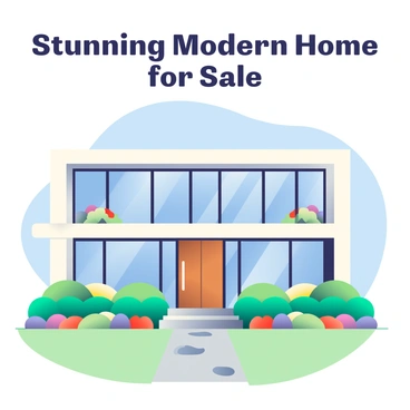 A large, modern home with large glass windows and a flat roof is prominently featured in the center of the image. The exterior walls are painted in a sleek white color, and there is a wooden front door that adds warmth to the contemporary design. In front of the home, a well-manicured landscaped garden is visible, filled with vibrant flowers in various colors, including red, yellow, and purple. Neatly trimmed green bushes border the garden, and a stone pathway leads from the entrance of the house through the garden. Above the house, a clear blue sky can be seen, providing a bright and inviting backdrop to the scene. The text "Stunning Modern Home for Sale" is displayed prominently at the top of the poster in bold letters.