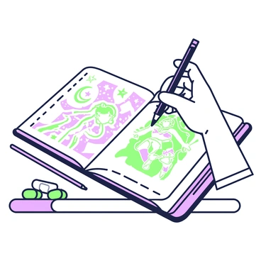 An artist's hand is holding a pencil above a sketchbook open to a page featuring "Sailor Moon." The hand, with elegant fingers, delicately hovers as it adds intricate details to the illustration. The page shows characters in dynamic poses, with flowing hair and costumes adorned with bows and star motifs. The background includes rough outlines of magical elements and a crescent moon. On the desk beside the sketchbook, there are several art supplies, including colored pencils and erasers, neatly arranged.