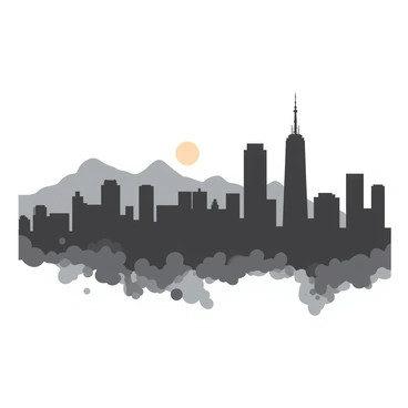 A city skyline is partially obscured by thick smog, creating a hazy atmosphere. The buildings are dark silhouettes against the foggy backdrop. The sun is barely visible, appearing as a soft, muted circle of light, struggling to break through the pollution. Hazy shadows drift across the skyline, enhancing the sense of obscurity and gloom.