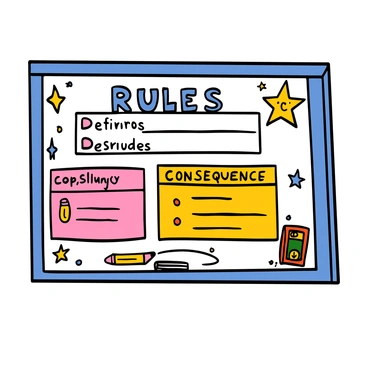 A classroom bulletin board with a wooden frame mounted on a wall. The board is filled with colorful papers displaying the "Rules" in large, bold letters at the top, followed by clearly defined rules listed in bullet points. Each rule is accompanied by a fun illustration, such as a pencil or book. Below the rules are the "Consequences" section, also in bold, with a list of consequences shown in a different color. Around the edges of the board, there are decorative elements like stars and smiley faces, adding an engaging and inviting atmosphere to the classroom.