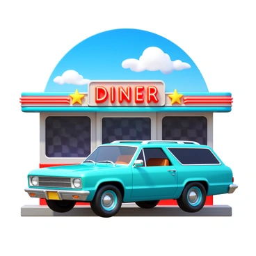 A retro-styled crossover SUV with a sleek, rounded body in vibrant shades of teal and orange. The vehicle features chrome accents and stylish vintage wheels. It is parked in front of a classic American diner with a shiny metal exterior and neon signage. The diner has large windows and a checkerboard floor visible inside. A bright blue sky and fluffy white clouds provide the background, enhancing the nostalgic atmosphere.