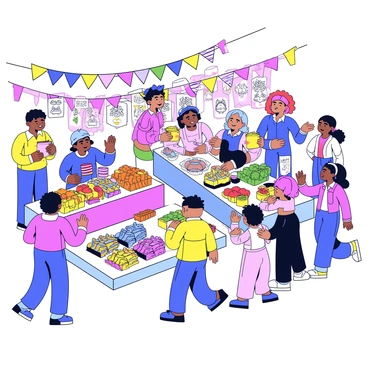 A lively market scene filled with various stalls displaying colorful fruits, vegetables, and handmade goods. Each stall has a vendor enthusiastically engaging with shoppers. The vendors are showcasing their products, gesturing animatedly as they haggle with the customers. Shoppers are interacting with the vendors, some examining the items closely while others are in the midst of negotiation, gesturing with their hands. The atmosphere is vibrant with a diverse crowd of people, a mix of adults and children, moving through the aisles. Brightly colored banners and signs are hanging overhead, adding to the bustling ambiance of the market.