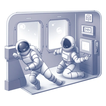 Two astronauts in sleek space suits are engaged in a game of hide-and-seek inside a futuristic space station. One astronaut is crouched behind a large, cylindrical storage pod, peeking out with a playful expression. The other astronaut is counting with their eyes closed, standing in an open area filled with advanced control panels and glowing screens. The interior of the space station is adorned with digital displays and various gadgets, enhancing the high-tech atmosphere. The walls are lined with large windows, showcasing a view of distant stars and planets outside.