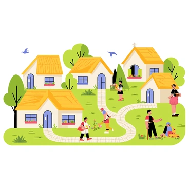 A quaint storybook village set with cottages, cobblestone paths, and villagers going about their day