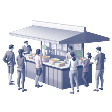 A street food stall is bustling with activity. The stall is constructed from an array of wooden panels and has a large awning overhead. It showcases an assortment of colorful taco ingredients displayed in neat containers. People of diverse backgrounds are forming a line in front of the stall, eagerly awaiting their turn to order. Some individuals are gazing at the menu, while others are engaged in conversation and smiling. The scene conveys a lively atmosphere, with the anticipation of delicious tacos filling the air.