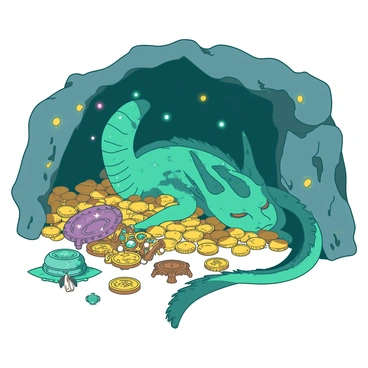 A teal dragon with shimmering scales is resting elegantly on a bed of golden coins inside a cave. The cave walls are rough and rocky, with patches of glowing crystals embedded in them. Surrounding the dragon are various sparkling treasures including ornate jewelry, glittering gemstones, and ancient artifacts. Some of the artifacts are partially buried under the pile of coins, showcasing their intricate designs. The dragon has its wings slightly spread, and its eyes are closed in a relaxed manner, giving the impression of tranquility within the treasure-filled cave.