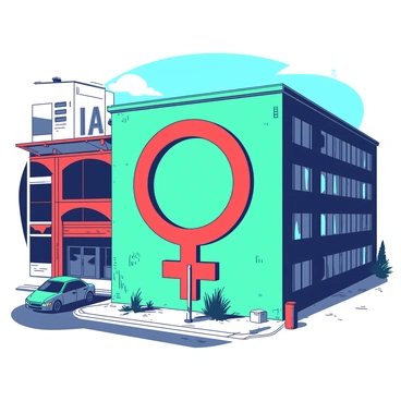 A large gender equality symbol is prominently painted on the side of a building. The symbol is designed with bold lines and is filled with a vibrant red color. Surrounding the symbol, the building's wall features a contrasting teal background. The structure of the building has industrial-style architecture, with large windows and exposed brick. Sunlight casts shadows, enhancing the details of the mural and the surrounding urban environment.