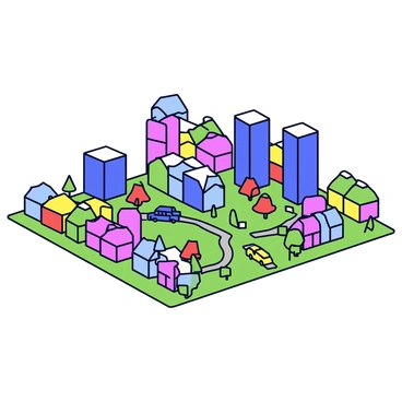 A miniature cityscape constructed entirely from colorful Monopoly houses and hotels. The scene features a variety of vibrant houses in bright red, blue, green, and yellow, arranged in neat rows to mimic streets. Scattered throughout the city are taller hotels, displaying a striking dark blue color and white rooftops. The foundation of the city is a flat green surface resembling a game board, bordered by small trees and park spaces made from play materials. A few miniature cars can be seen driving along the makeshift roads, adding life to the scene.