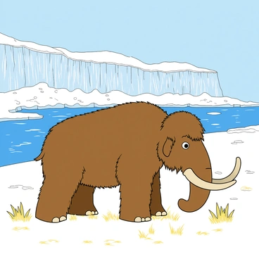 A vast Ice Age panorama showcases a frozen landscape under a pale blue sky. In the center of the scene, a large woolly mammoth with shaggy, brown fur grazes on sparse, yellowed grass near the edge of a glistening, frozen lake. The lake is surrounded by patches of snow, and jagged ice formations can be seen along the shoreline. In the background, towering cliffs of glistening ice rise up, reflecting the sunlight. Small snowflakes gently fall from the sky, adding a sense of stillness to the chilly environment. The mammoth has long, curved tusks and appears to be intently focused on eating, with a few tufts of grass resting on its snout.