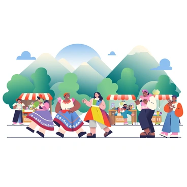 A vibrant community gathering is taking place at a mountain festival. People of various backgrounds are enjoying the lively atmosphere. In the foreground, a group of individuals dressed in traditional attire is dancing joyfully, their colorful costumes swirling with movement. Musicians are positioned nearby, playing folk instruments such as fiddles, flutes, and drums, creating an inviting soundscape. The backdrop features tall, majestic mountains with greenery, and a clear blue sky above. Stalls decorated with handmade crafts and local foods are spread throughout the area, with attendees sampling delicious treats and engaging in conversations. The overall scene conveys a sense of celebration and togetherness.