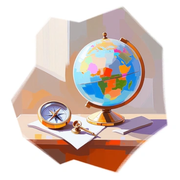 A detailed illustration featuring a classic globe with vibrant colors depicting continents and oceans. The globe is positioned on a wooden table, showcasing its rich texture and grain. Beside the globe, there is a vintage brass compass with a glass cover, its needle pointing north. Soft shadows are cast around these objects, enhancing their three-dimensionality. The wood of the table reflects a warm tone, contrasting with the cool colors of the globe and the metallic sheen of the compass.