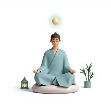 A person meditating on a small cushion, wearing a flowing light blue traditional robe with intricate patterns. Their hands are resting gently on their knees, and their eyes are closed in deep concentration. Surrounding them are various cultural symbols of tranquility and peace, including a small stone lantern on one side, a delicate bamboo plant on the other, and a soft glowing orb above them. The scene conveys a sense of calm and mindfulness, enhanced by gentle flowing lines and harmonious composition.