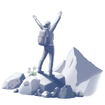 A hiker standing triumphantly at the summit of a mountain. The hiker has a backpack slung over one shoulder and is wearing sturdy outdoor clothing. The landscape features rocky terrain and steep cliffs, creating a rugged backdrop. Surrounding the hiker, there are clusters of delicate alpine flowers growing among the rocks. The sky above is vast and open, enhancing the sense of elevation. The hiker has arms raised in celebration, conveying a feeling of accomplishment and connection with nature.