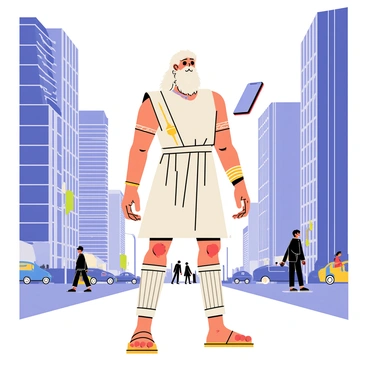 A powerful figure resembling "Zeus" stands confidently in a bustling modern city setting. He has a flowing white beard and long hair, wearing a contemporary outfit that blends ancient Greek style with modern fashion. In his right hand, he holds a sleek smartphone, its screen illuminated. Skyscrapers and busy streets fill the background, with people walking and cars driving by. The sky is clear, with the sun shining down, casting shadows of the tall buildings on the pavement.