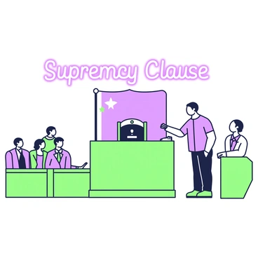 An illustration of a courtroom setting. In the center, there is a large wooden judge's bench with a gavel resting on it. Behind the bench, a large flag is displayed. To the left, there are rows of wooden chairs filled with people in formal attire. To the right, a lawyer stands, gesturing towards the judge. Above this scene, glowing text reading "Supremacy Clause" is prominently displayed, casting a soft light over the courtroom, enhancing the focus on the legal proceedings below. The overall atmosphere conveys a sense of gravity and importance.