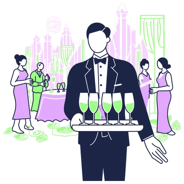 A butler in a black tuxedo is standing gracefully, balancing a tray of champagne glasses. He has neatly combed hair and wears white gloves. The tray is filled with numerous crystal champagne glasses, each sparkling and filled with bubbly drink. In the background, there are elegantly dressed guests mingling, with some holding drinks and others engaged in conversation. Soft, ambient lighting enhances the atmosphere of the social event, while decorative elements like flowers and intricate table settings are subtly present.