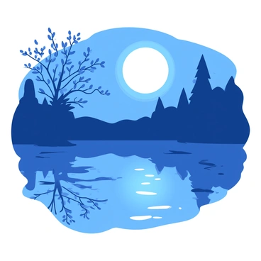 A blue lake is reflecting a large white full moon in the night sky. The surface of the water is still, creating a perfect mirror image of the moon above. Surrounding the lake are tall trees with delicate leaves that appear to be swaying gently in the breeze. The trees are casting soft shadows on the ground, enhancing the peaceful atmosphere of the scene.
