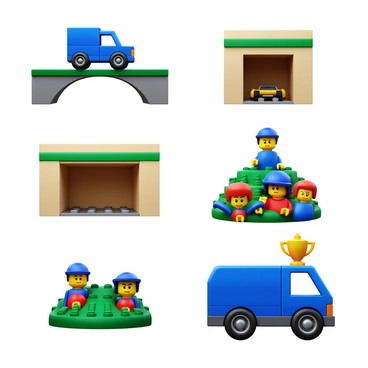 A comic strip featuring a "Lego truck" in different humorous scenarios. The first panel shows the Lego truck attempting to drive over a Lego bridge that is too small, with its wheels awkwardly hanging off the edges. The second panel depicts the truck trying to fit into a Lego garage that is clearly too tight, with parts of the truck sticking out. The third panel features the Lego truck surrounded by Lego characters who are perplexed as it gets stuck in a pile of Lego bricks, struggling to free itself. The final panel shows the truck proudly driving off, with a Lego trophy on top, celebrating its funny mishaps.