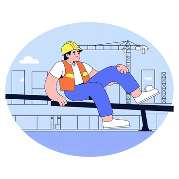 A construction worker wearing a bright orange safety vest and a yellow hard hat is sitting on a steel beam. The worker is performing leg extensions, with one leg extended forward and the other leg bent. The background shows construction site elements, including cranes and scaffolding. Sunlight is casting shadows on the ground below the beam, and there is a blue sky above. The worker has a focused expression while maintaining balance on the beam.