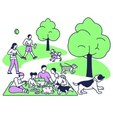 A city park filled with activity on a sunny day. In the foreground, a group of people is picnic-ing on a green blanket, surrounded by a basket and cheerful food items like sandwiches and fruit. Nearby, children are playing frisbee, with one child running to catch the disk. In another area, a couple is happily walking their dogs, one dog is a small terrier and the other is a larger retriever. Benches can be seen around the park, with individuals sitting and reading books, while a woman jogs along a paved path. Lush trees with wide canopies provide shade throughout the park.