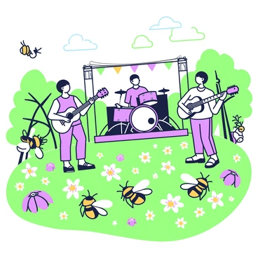 An open-air concert is taking place in a vibrant meadow filled with wildflowers. A stage is set up with colorful decorations, and a band is performing lively music. The performers, dressed in casual concert attire, are playing various instruments such as a guitar, drums, and a keyboard. In the foreground, bees of various sizes and types are buzzing around, appearing to enjoy the music. Some bees are hovering in mid-air while others are perched on nearby flowers, all focused on the performance. The sunlight filters through the trees surrounding the meadow, creating a lively atmosphere.