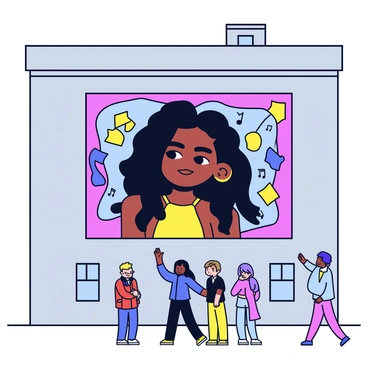 A mural depicting "Aaliyah" on the side of a grey city building. The mural features a vibrant portrait of "Aaliyah" with expressive eyes and flowing hair, surrounded by musical notes and symbols representing her influence in music and fashion. Colorful geometric shapes and patterns frame the portrait, enhancing the urban backdrop. Below the mural, a small crowd admires the artwork, capturing the spirit of celebration and legacy.