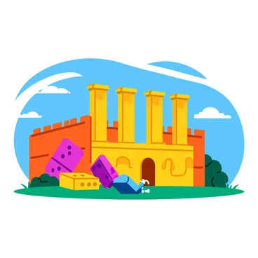 Ancient ruins made entirely of colorful dominoes in various sizes and shapes. The structure features tall columns, arches, and walls with intricate patterns, showcasing the meticulous arrangement of the dominoes. Some pieces are beginning to topple over, creating a sense of movement as they slowly crumble down. The scene is set against a vibrant backdrop with a clear blue sky and fluffy white clouds, emphasizing the whimsical nature of the domino ruins.