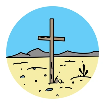 "Jesus on the cross" is depicted in a barren desert landscape. The cross is made of rough-hewn wood, standing tall against a clear blue sky. Surrounding the cross, the ground is dry and cracked, with patches of yellow sand and scattered small rocks. Distant mountains rise gently on the horizon, their outlines softened by the heat haze. There are no plants or signs of life in the immediate vicinity, emphasizing the desolation of the setting. The sun casts sharp shadows, highlighting the textures of the cross and the ground beneath it.