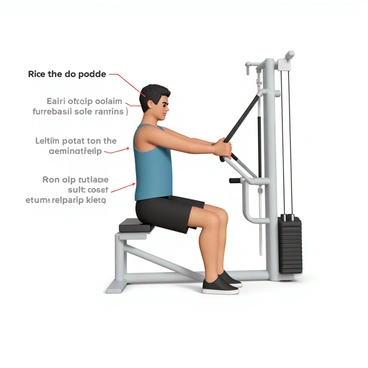 A detailed illustration showing a fitness instructor performing a seated cable row exercise. The instructor has short black hair and is wearing a blue tank top and black gym shorts. They are seated on a bench with their feet firmly placed on the footrest, knees slightly bent. The instructor is gripping the cable row handle with both hands, demonstrating the correct grip, with palms facing each other. Their back is straight, shoulders are retracted, and elbows are close to their body. The cable machine is visible in the background, showcasing the cable and pulley system. A side view captures the entire posture, illustrating the alignment of the instructor's body during the exercise. The illustration includes callouts indicating the proper posture and grip for clarity.