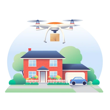 An aerial drone is flying above a suburban neighborhood, carrying a small package attached to its underside. The drone has four rotors, and its body is painted in a bright white color with orange accents. Below, a two-story house with a red brick exterior and a white picket fence is visible. The front yard is well maintained, featuring a freshly mown lawn and flowerbeds with colorful blooms. To the side of the house, a driveway with a parked blue car leads up to the garage. The clear blue sky provides a backdrop for this scene of a typical suburban delivery.