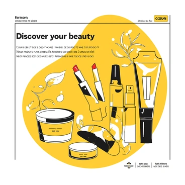 A black-and-yellow illustration of a subway advertisement showcasing a variety of beauty products. The advertisement features several sleek containers of skincare creams, vibrant lipsticks, and polished makeup palettes, all arranged artistically. The products are set against a backdrop of elegant floral patterns and soft curves. "Discover your beauty" is written in a stylish font at the top of the ad, while a detailed list of featured products is displayed at the bottom. The overall composition exudes sophistication and allure.