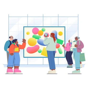 An interactive art piece is displayed prominently in a bright gallery space. The art piece consists of a large, colorful installation made up of various geometric shapes that are suspended from the ceiling and arranged in a dynamic pattern. Several viewers of different ages and ethnicities are engaging with the piece; a young girl with curly hair is reaching out to touch one of the shapes, while a middle-aged man with glasses is taking a photo of the installation. In the background, another viewer, an elderly woman with gray hair, is thoughtfully observing the art while standing beside a small information plaque. Natural light from large windows illuminates the gallery, creating a welcoming atmosphere.
