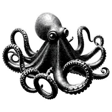 A steampunk octopus is positioned at the center of the image, showcasing its mechanical tentacles. Each tentacle is elaborately designed with intricate gears and cogs, presenting a complex web of machinery. The octopus has a shiny metallic surface, reflecting light in various ways. Its eyes are large and equipped with lenses, giving it a curious expression. Surrounding the octopus are various mechanical elements, like pipes and valves, enhancing the steampunk aesthetic.