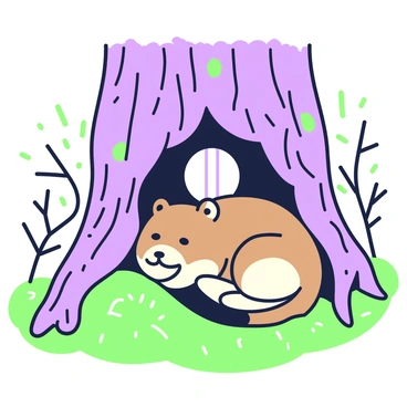 A pine marten is curled up in a snug den nestled among the roots of a tree. The interior of the den is lined with thick, soft moss, providing a comfortable resting spot. Twigs and small branches are scattered throughout the den, adding texture and natural elements. The marten's fur has shades of brown and cream, blending harmoniously with the earthy surroundings. Sunlight filters through a small opening, casting gentle shadows on the mossy floor.